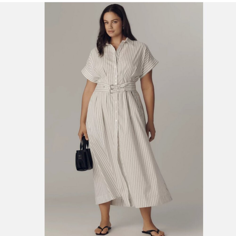 Anthropologie The Tobie Double Buckle Shirt Dress by Exquise Pinstripe M NWT - Picture 7 of 8